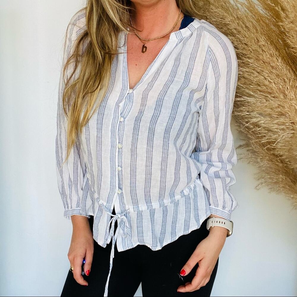 RAILS Marti Cayman Striped Linen Tie Blue White Peplum Ruffle Blouse Shirt Top M